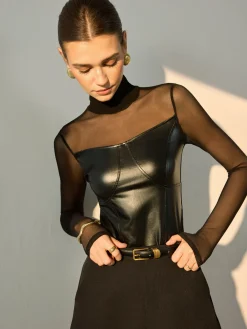 Faux Leather Panel Sheer Blouse