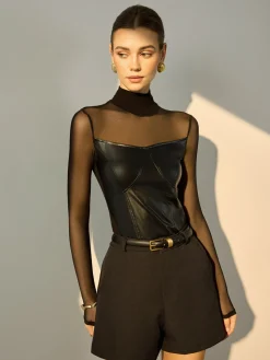 Faux Leather Panel Sheer Blouse