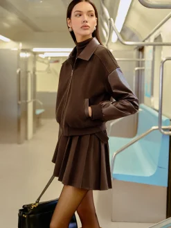 Faux Leather Panel Tweed Short Jacket
