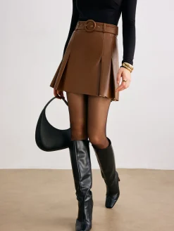 Faux Leather Pleated Skirt With Belt