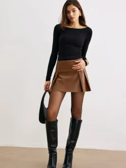 Faux Leather Pleated Skirt With Belt