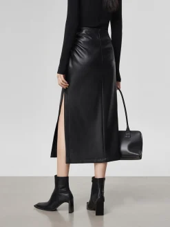 Faux Leather Ruched Slit Midi Skirt