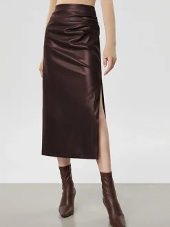 Faux Leather Ruched Slit Midi Skirt