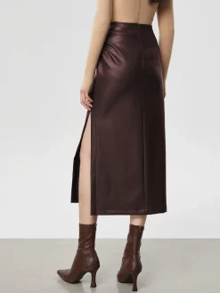 Faux Leather Ruched Slit Midi Skirt