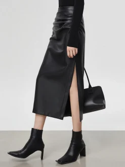 Faux Leather Ruched Slit Midi Skirt