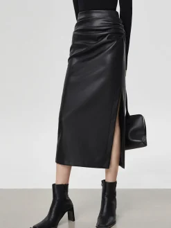 Faux Leather Ruched Slit Midi Skirt