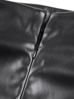 Faux Leather Ruched Slit Midi Skirt
