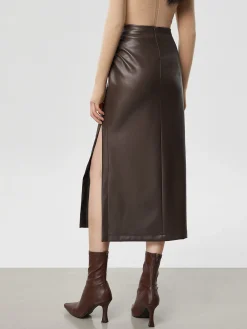 Faux Leather Ruched Slit Midi Skirt
