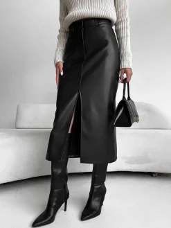 Faux Leather Slit Midi Skirt