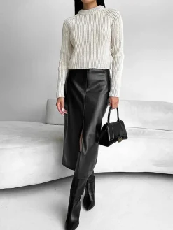 Faux Leather Slit Midi Skirt