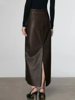 Faux Leather Split Midi Skirt