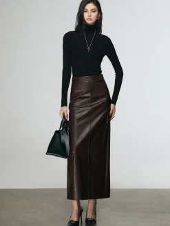 Faux Leather Split Midi Skirt