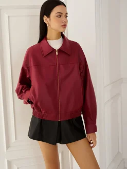 Faux Leather Zip Polo Jacket