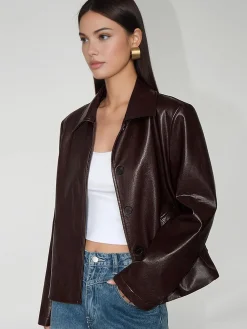 Faux Leather Zipper Short Polo Jacket