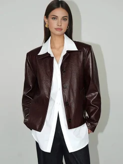 Faux Leather Zipper Short Polo Jacket