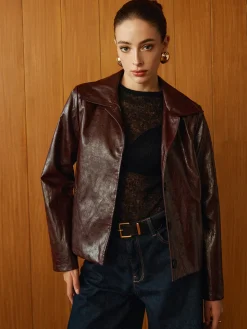 Faux Leather Zipper Short Polo Jacket
