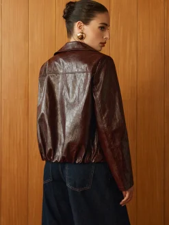 Faux Leather Zipper Short Polo Jacket