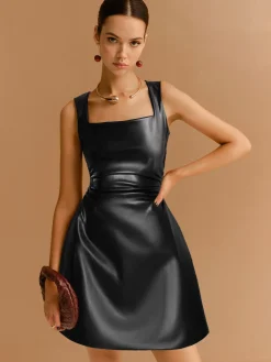 Faux Leather Zipper Strappy Dress