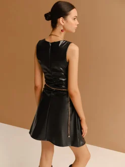 Faux Leather Zipper Strappy Dress