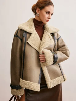 Faux Leather Zipper Teddy Coat