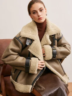 Faux Leather Zipper Teddy Coat