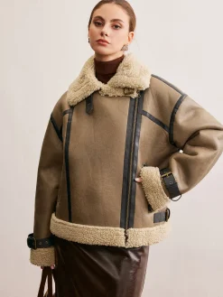 Faux Leather Zipper Teddy Coat