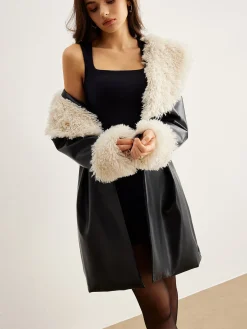 Feather Collar Faux Leather Jacket Without Belt