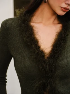 Feather Trim Wool-Blend Slim Sweater