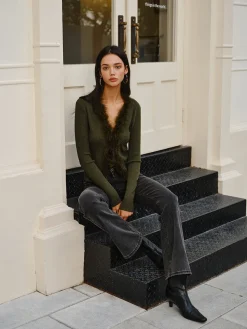 Feather Trim Wool-Blend Slim Sweater