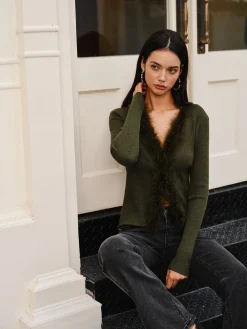 Feather Trim Wool-Blend Slim Sweater