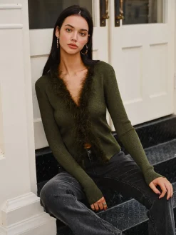 Feather Trim Wool-Blend Slim Sweater