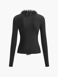 Feather Trim Wool-Blend Slim Sweater