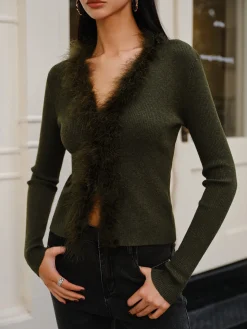 Feather Trim Wool-Blend Slim Sweater