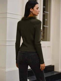 Feather Trim Wool-Blend Slim Sweater