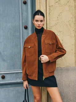 Flap-Pockets Zipper Suede Jacket