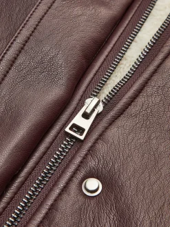 Fleece Lined Faux Leather Zipper Coat