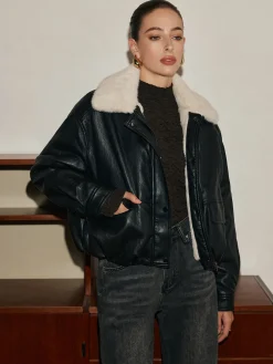 Fleece Lined Faux Leather Zipper Coat