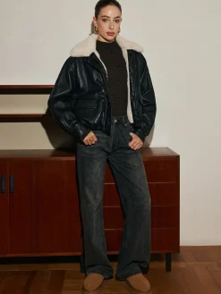 Fleece Lined Faux Leather Zipper Coat
