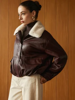 Fleece Lined Faux Leather Zipper Coat