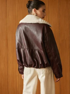 Fleece Lined Faux Leather Zipper Coat
