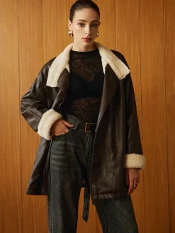 Fleecing PU Leather Belted Jacket