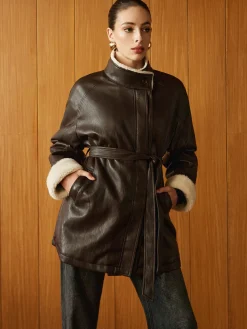 Fleecing PU Leather Belted Jacket