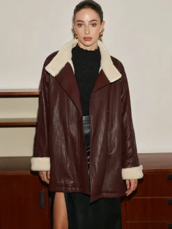 Fleecing PU Leather Belted Jacket