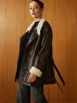 Fleecing PU Leather Belted Jacket