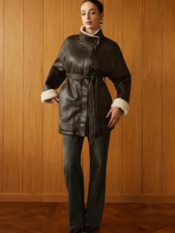 Fleecing PU Leather Belted Jacket