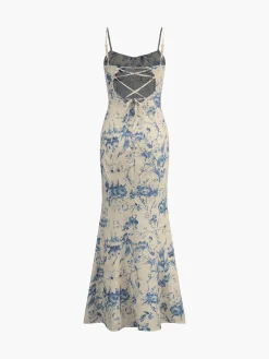 Floral Backless Lace-Up Long Dress