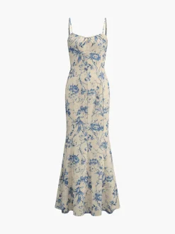 Floral Backless Lace-Up Long Dress