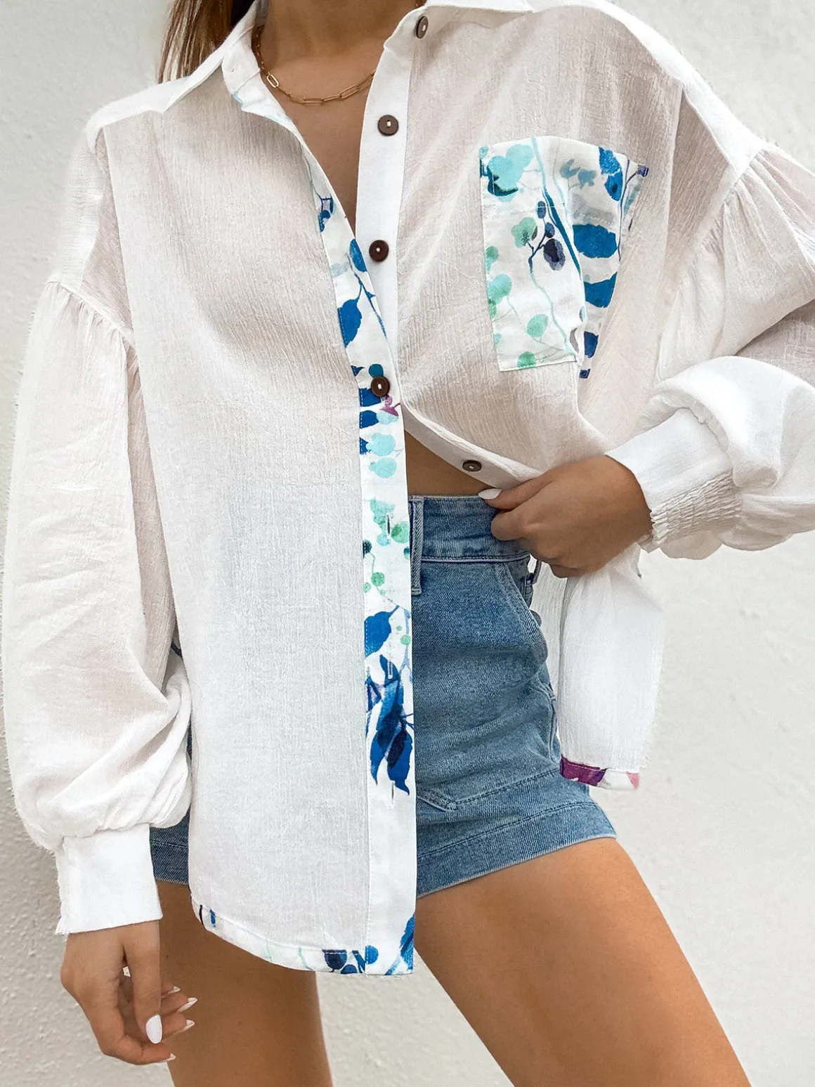 Floral Button Up Bishop Sleeve Shirt
