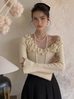 Floral Collar Ribbed Knit Top