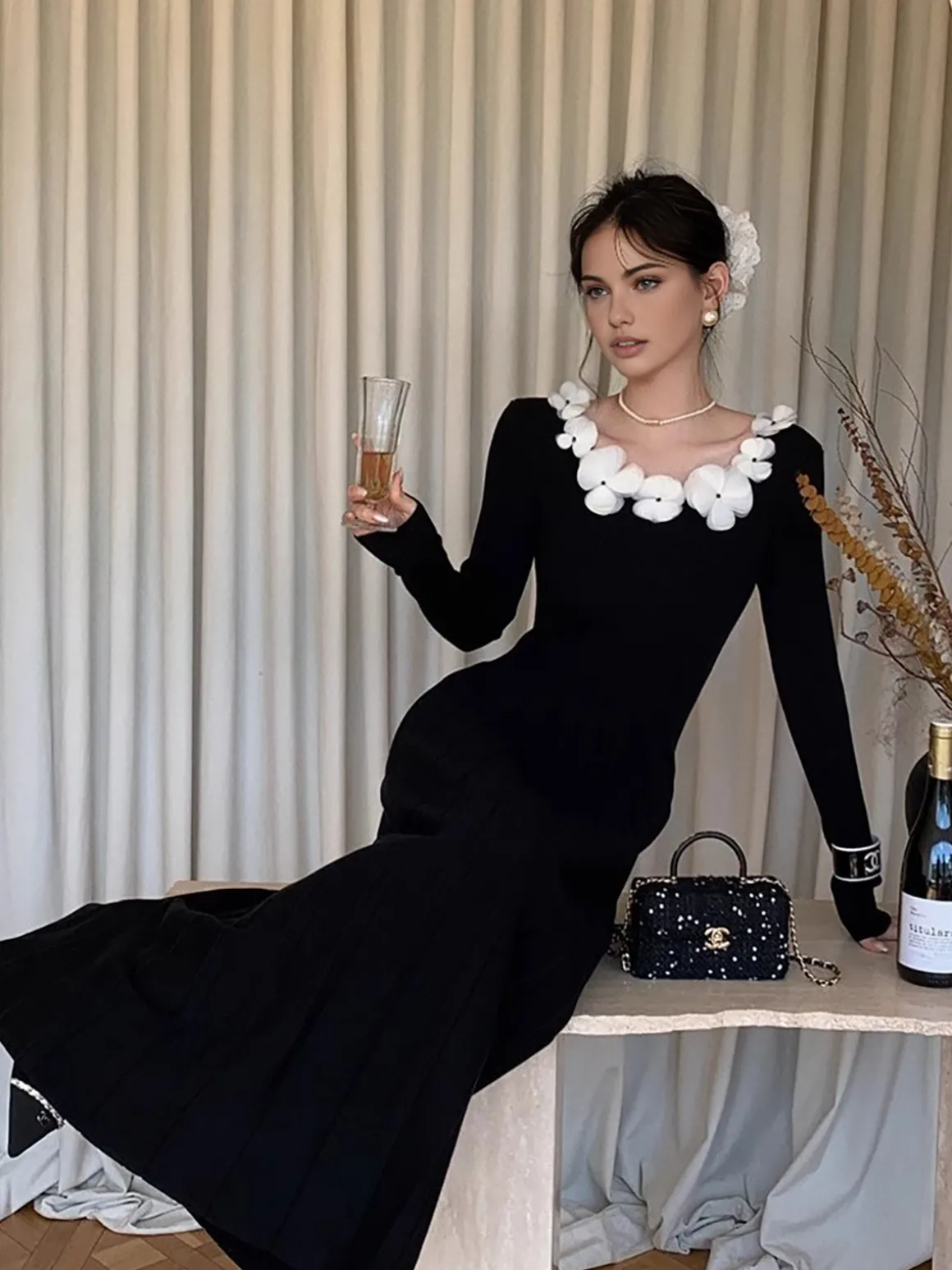 Floral Decor Pleated Sweater Dress